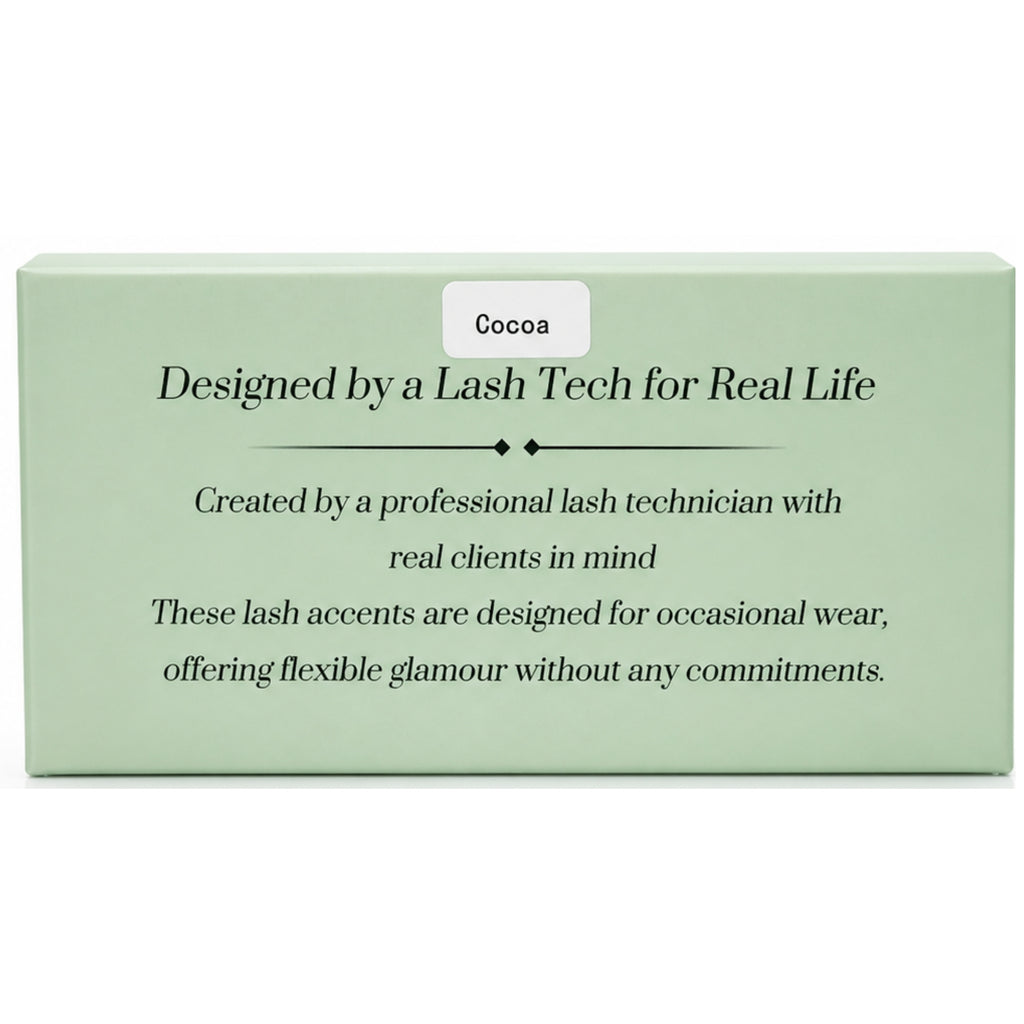 Box of lash accents with text about being designed by a lash technician for real life.