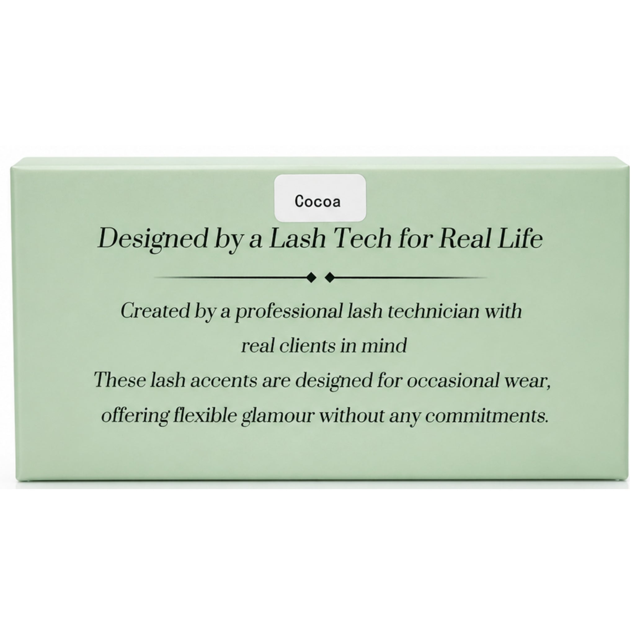 Box of lash accents with text about being designed by a lash technician for real life.