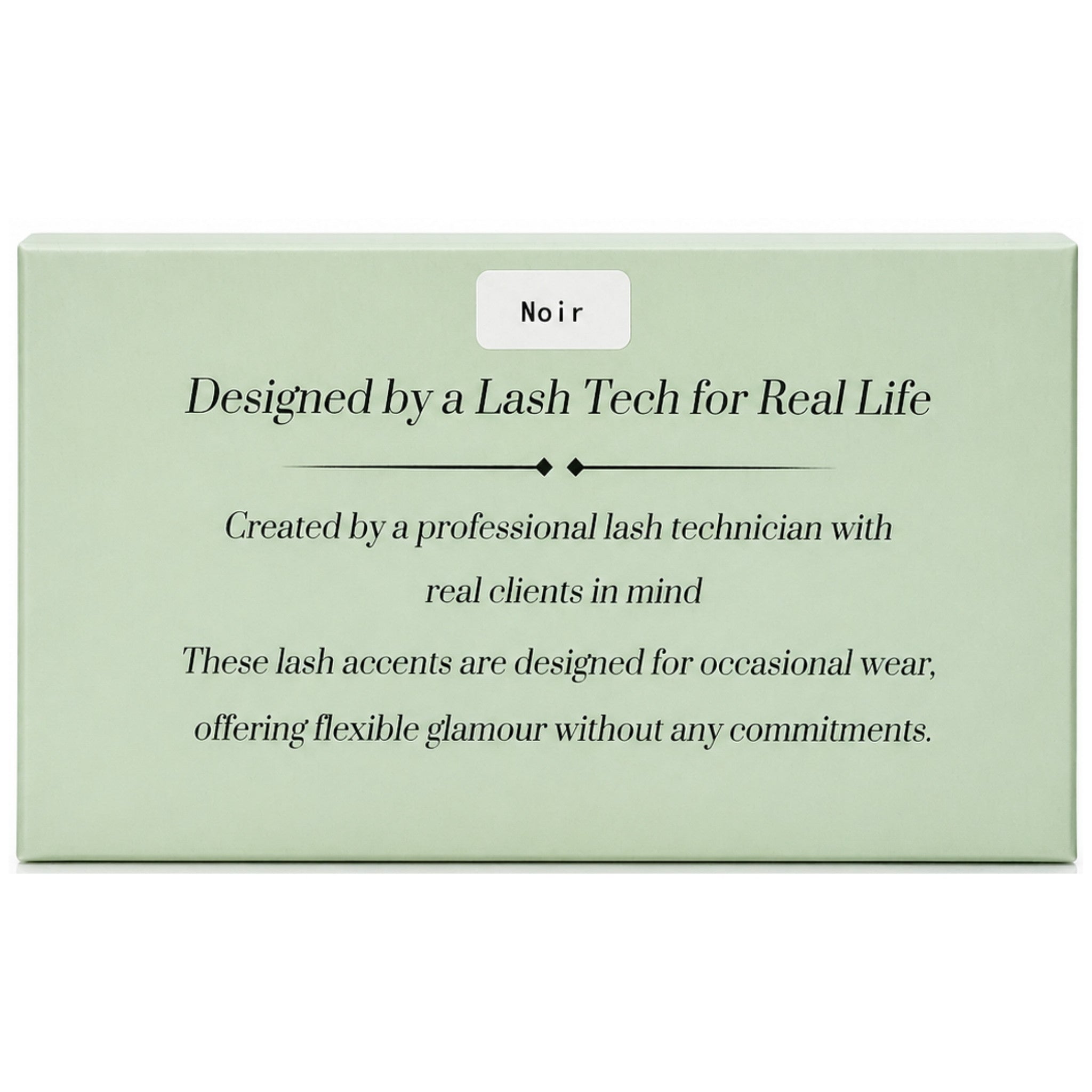 Product packaging with text about lash accents designed by a lash technician.